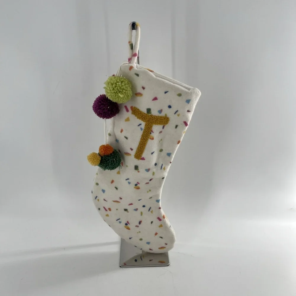 Opalhouse Target Christmas Stocking Monogram Initial Letter‎ T Confetti Poms 20